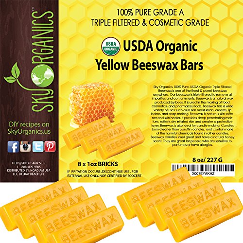 USDA Organic Yellow Beeswax Bars by Sky Organics (8x1oz) -Superior Quality Pure Bees Wax No Toxic Pesticides or Chemicals - 3 x Filtered, Easy Melt Bricks - For DIY, Candles, Skin Care, Lip Balm
