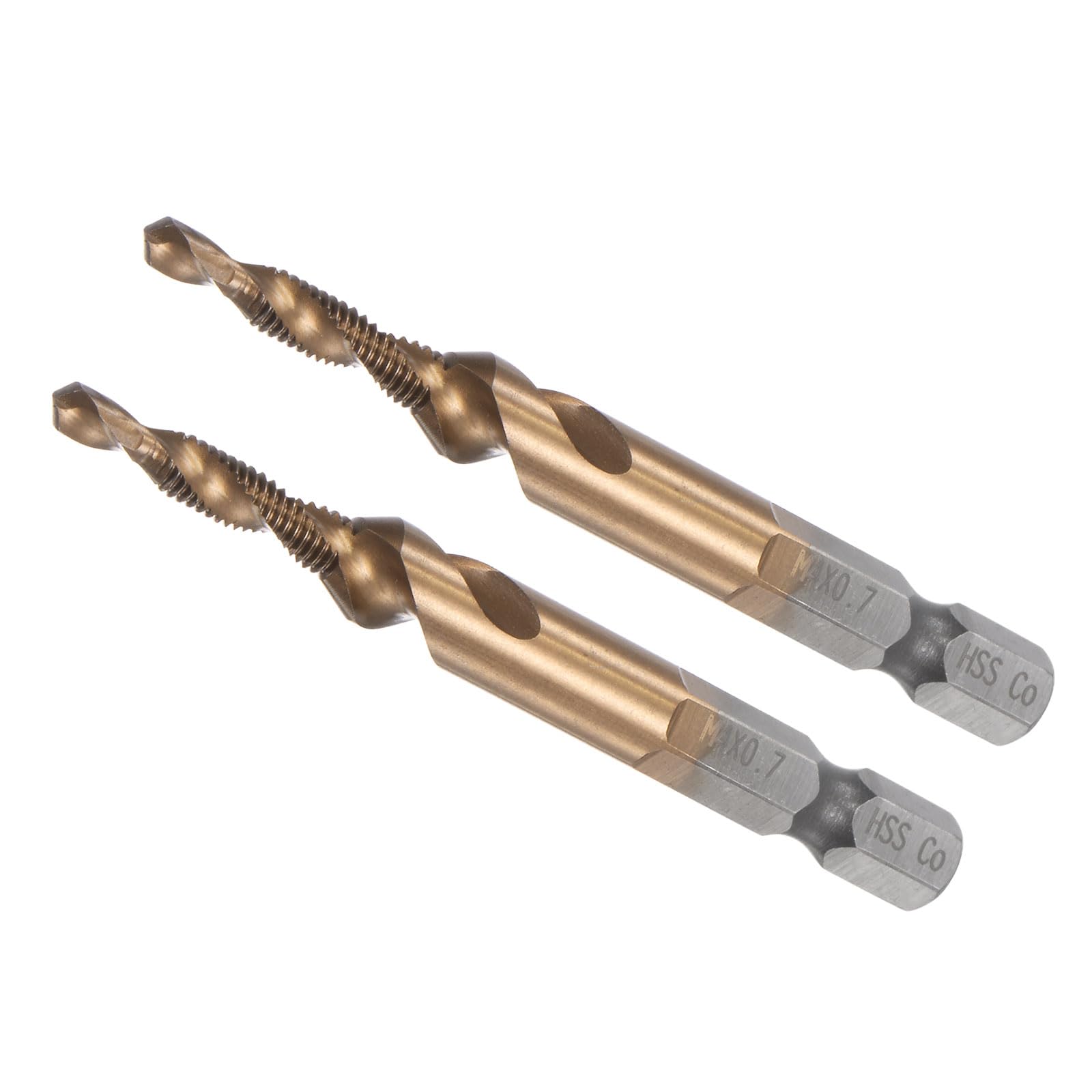 CoCud Combination Drill and Tap Bit, M4 x 0.7 Thread Size 1/4" Hex Shank, Uncoated M35 Cobalt High Speed Steel Tools - (Applications: for Aluminum Stainless Steel Plastic), 2-Pieces