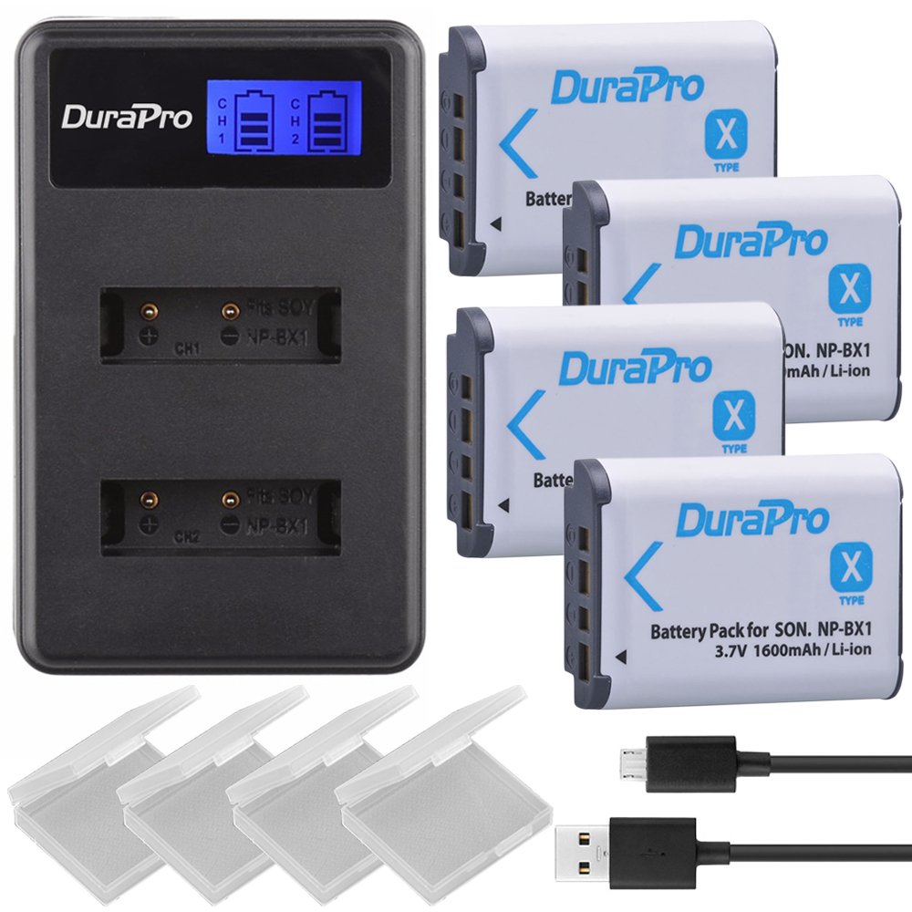 DuraPro 4Pcs 1600mAh NP-BX1 NP BX1 Battery + LCD Dual USB Charger for for Sony NP-BX1 Battery Sony DSC-RX100 RX100 II DSC-WX500 HX300 WX300 HX400V WX300 WX350 HDR AS100v AS200V AS15 AS30V AS300 M3 M2