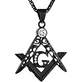 HZMAN Mens Cubic Zirconia Freemason Symbol Masonic Stainless Steel Pendant Necklace 22+2 inch Chain