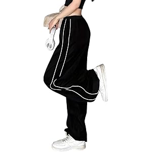 Girls Track Pants, Elastic Waist Wide Leg Jogger Pants with Contrast Side Stripes for Teens