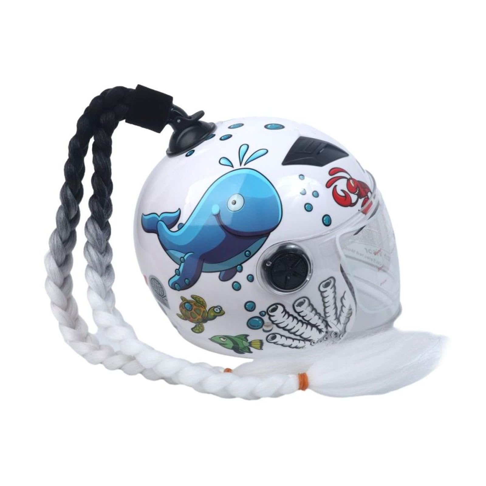 Helmet Ponytail Dual Pigtails Twist Braids Hair with Sucker Bow for Motorcycle Bike Motorbike Motocross Off Road Bicycle Cycling Bikers Riders Skateboarding Scooter Costume Cosplay (Black White)