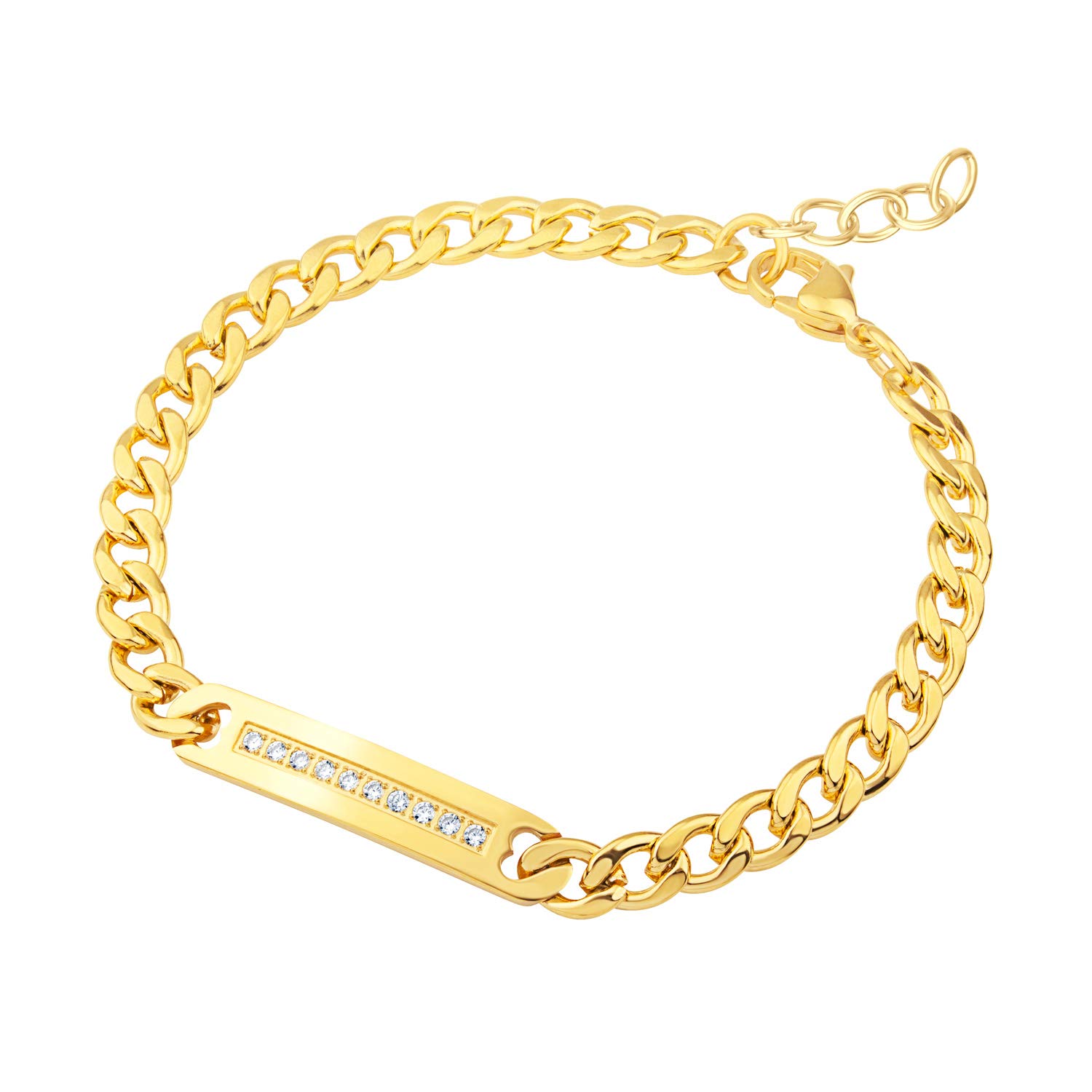 555Jewelry Womens Stainless Steel Hypoallergenic Cuban Chain Link Center Plate Bar Charm Unisex Cubic Zirconia Studded Fashion Jewelry Accessory Bangle Bracelet, Yellow Gold & White CZ