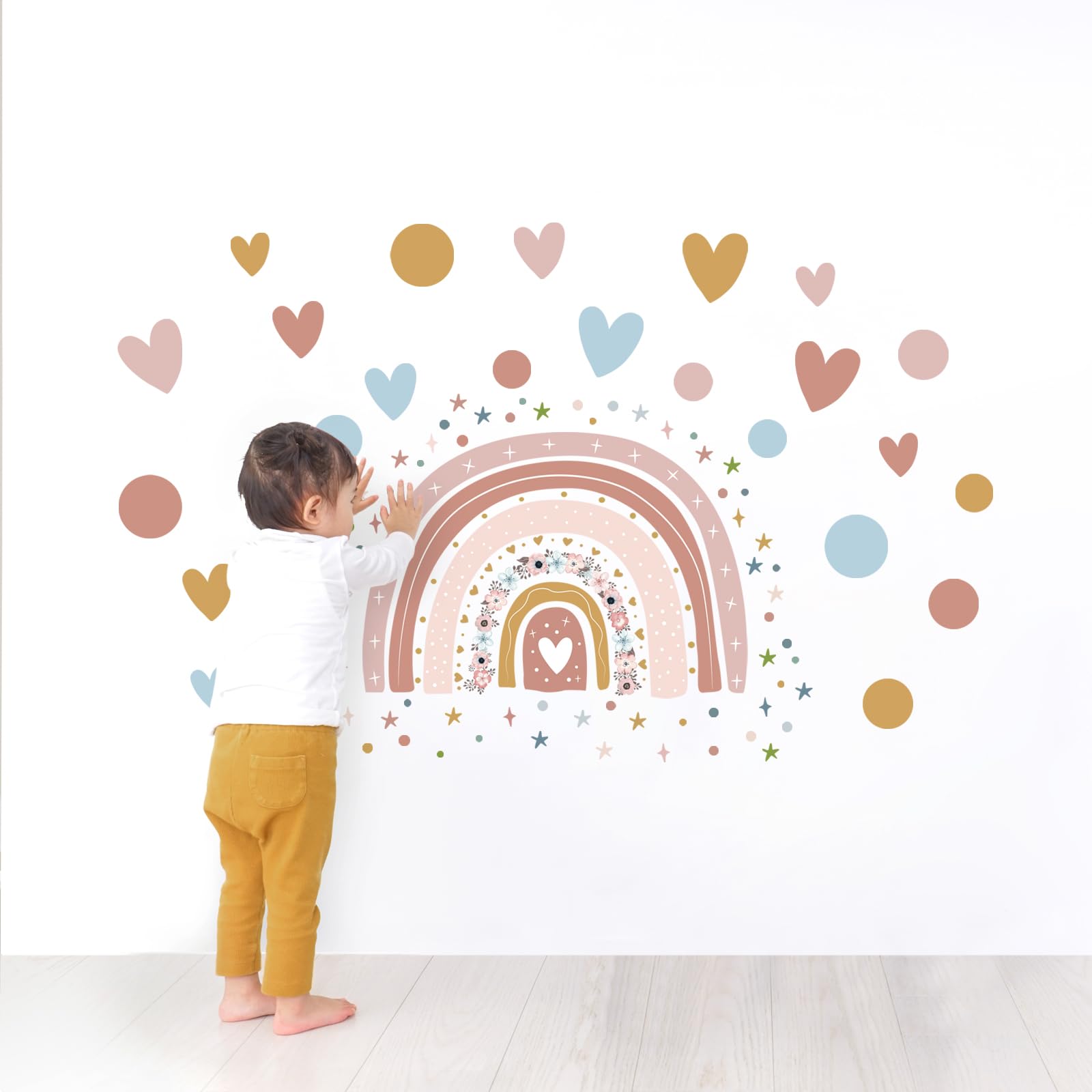 Tanlaby Boho RainbowWall Stickers, Large Rainbow Flower Wall Decals, Colorful Dots Hearts Stars Wall Decor, DIY Vinyl Mural Art for Girls Baby Nursery Bedroom Playroom Wall Decor
