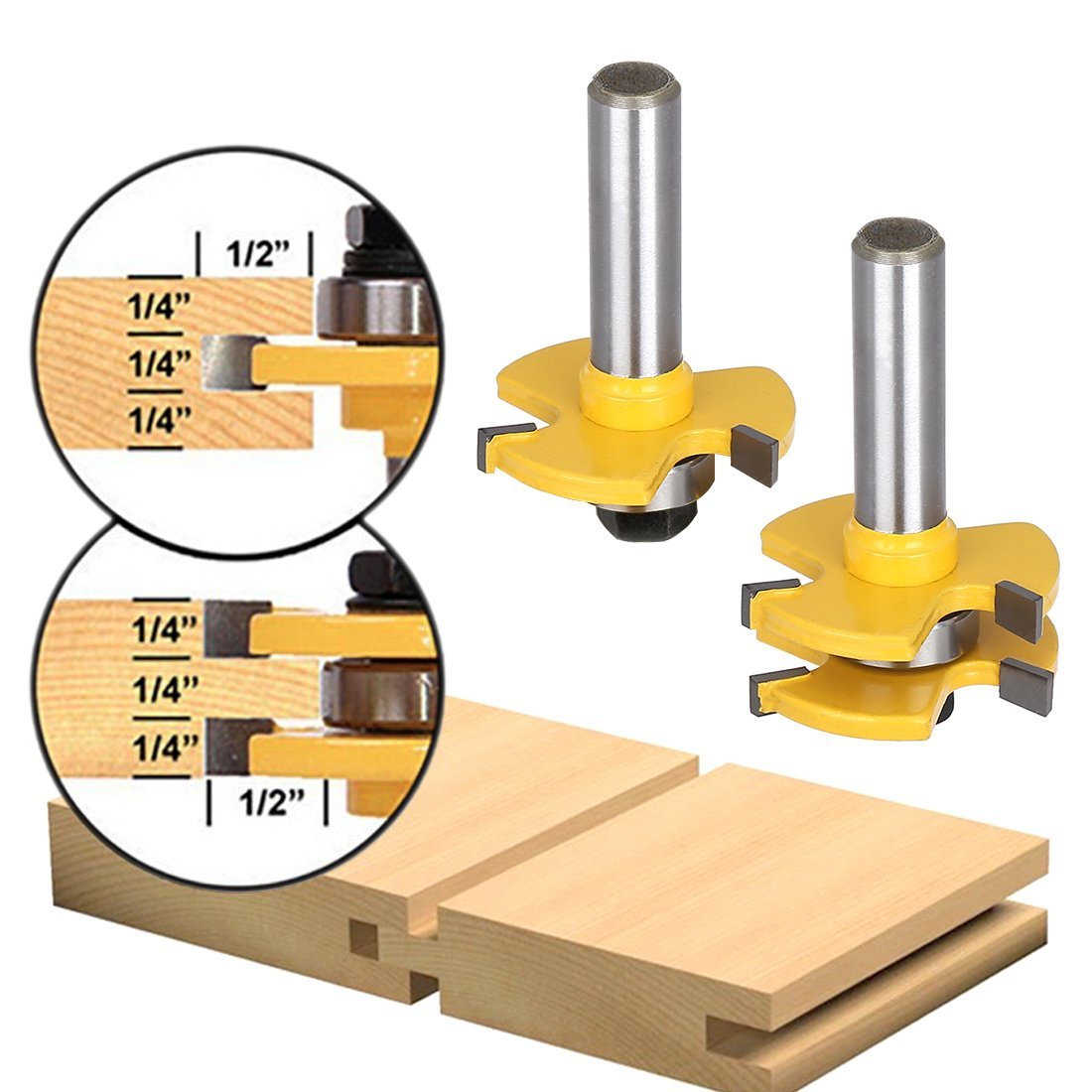 LUBEIN 1/4-Inch Shank Tongue and Groove Flooring Router Bit Set 2 PCS,V-Notch Wainscotting and Flooring Matched Router Bits Set with Edge Banding, Woodworking Milling Cutter Tools (B2-7)