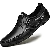 Men's Slip-On Leather Loafers with Adjustable Stickers Lightweight&Soft Round Toe Penny Loafers Low-Top Flats Moccasin Boat Shoes for Driving Walking