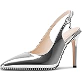 NobleOnly Slingback Beaded Pumps for Women High Stiletto Heel Pointed Toe Slip-on Dress Sandals Adjustable Buckle Rhinestone Patent Leather 3.9 Inches Heels