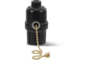 Balacoo E26 Pull Chain Light Socket with Metal Pull Switch, Black Bakelite Lamp Holder for Home and Bathroom
