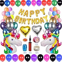 130+Pieces Birthday Balloons Decoration Supplies Set-Happy Birthday Banner,40"Unicorn Balloons,Heart Balloons with Balloon Pump&Tape&Ribbon for Home Party,Birthday,Wedding,Baby Showers