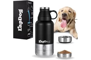 Lapdog Portable Dog Water Bottle & Food Bowls, All-in-One Accessories for Walking, Hiking, Beach- Double Walled, Insulated, Stainless Steel Water Dispenser (Black, Without Neoprene Bag)
