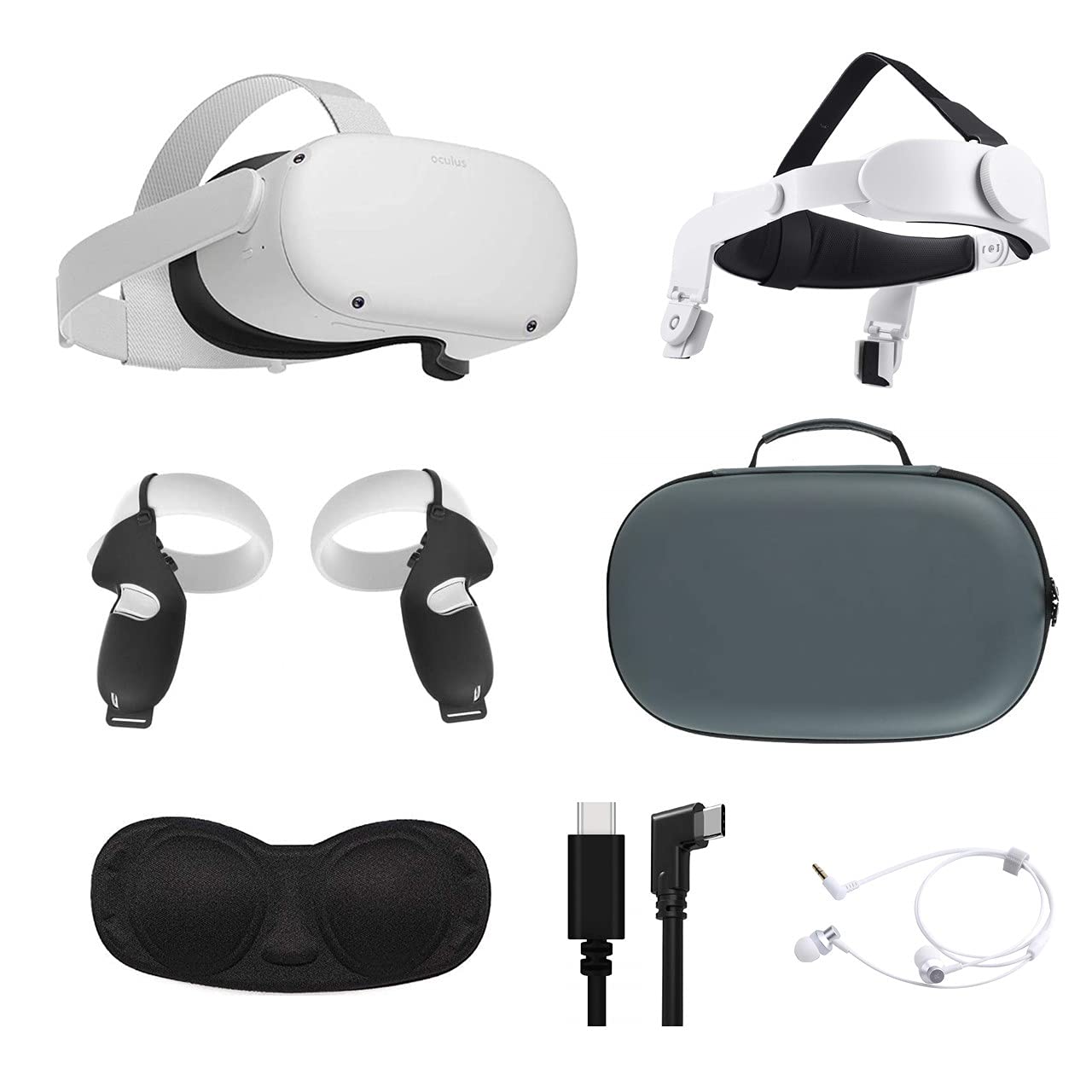 2021 Oculus Quest 2 All-In-One VR Headset, Touch Controllers, 256GB SSD, Glasses Compatible, 3D Audio, Mytrix Head Strap, Carrying Case, Earphone, Oculus Link Cable (3M), Grip Cover, Lens Cover