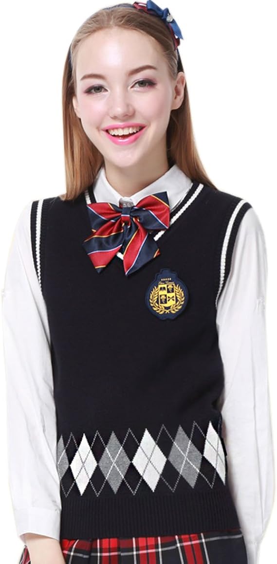 Amazon Etongenius 学生 制服 アーガイル柄 Vネック ニットベスト スクール レディース 綿 チョッキ ノースリーブ プルオーバー ベスト 通販