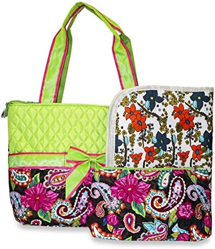 Rosenblue Quilted Diaper Bag Set with Changing Mat, Paisley Print Multi Green Brown