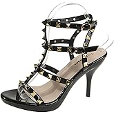 LOVEHEYNEW Women's Studded Strappy Leather Stilettos Sandals with Adjustable Ankle Buckle Sexy Open Pointed Toe Non-slip Platform Roman High Heels Pumps for Party Prom Dating Dress Shoes