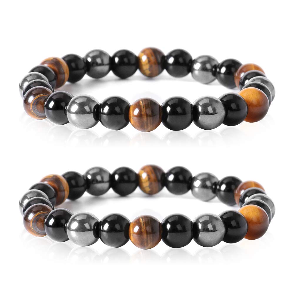 lohey 2 Pack Tigers Eye Crystal Bracelet, 8mm Hematite Beads & Black Obsidian Beaded Bracelets Chakra Bracelets Gifts for Women Men Friend Positivity Anxiety Relief Yoga