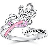JZMSJF 925 Sterling Silver Breast Cancer Awareness Ring, Butterfly Pink Ribbon Rings Breast Cancer Survivor Jewelry Faith Inspirational Gifts for Women