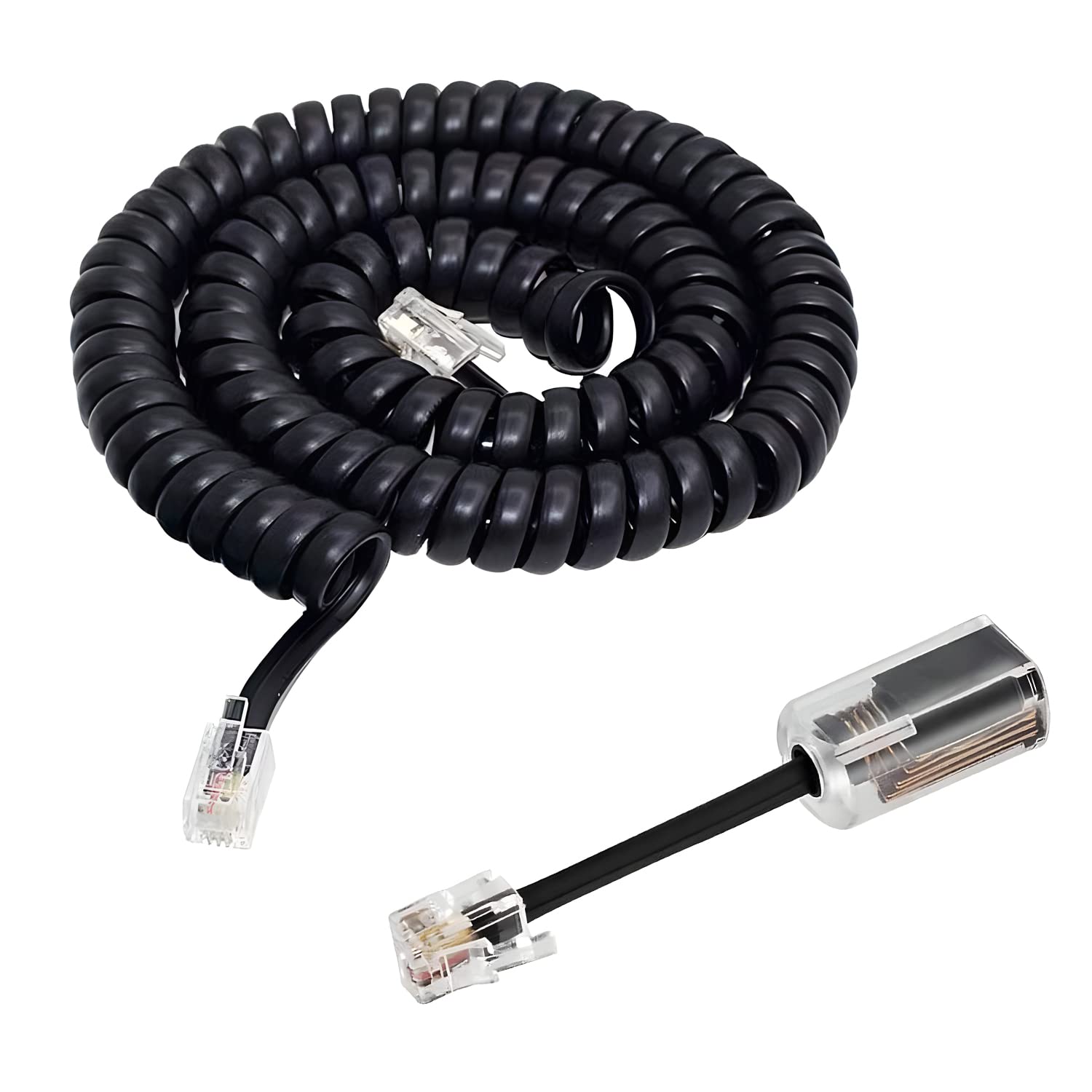 Telephone Handset Curly Cable with Detangler,Black RJ9 4P4C Phone Cord (10 Ft Uncoiled/1.6 Ft Coiled) + Black 360 Degree Rotating Anti-tangle Telephone Cord Untangler,Landline Telephone Accessory