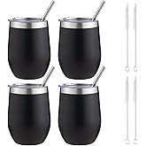 FristChoice 12 oz Insulated Wine Tumbler with Lid and Straw,Stainless Steel Stemless Wine Tumbler Glasses Double Wall Vacuum Wine Cups Tumbler Bulk for Coffee,Champaign,Cocktail,Office(Black,4)