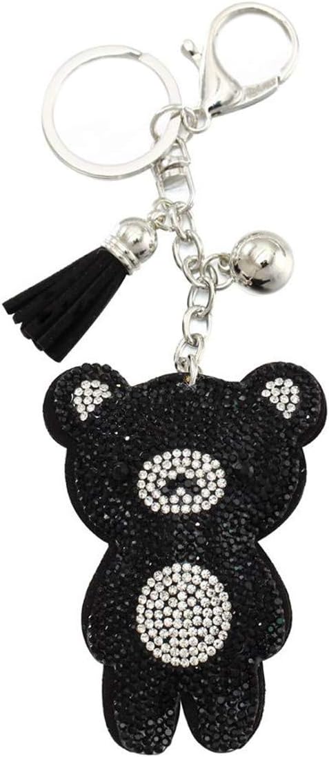 Cozylkx Cute Bear Crystal Rhinestone Pendant Keychain Sparkling Charm Tassel Key Ring for Women Car or Bag, Black