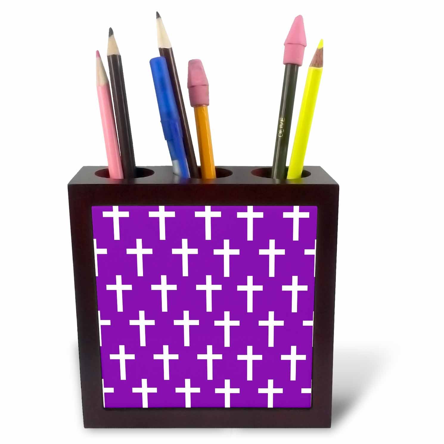 3dRose Purple Christian Pattern with White Religious Crucifix Crosses-Tile Pen Holder, 5-Inch (Ph_185499_1), 5 Inches