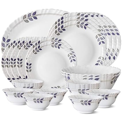 Larah by Borosil Floret Opalware Dinner Set, 27-Pieces, White
