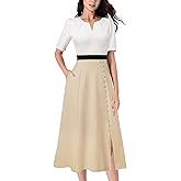 VFSHOW Women Pleated Notch V Neck Pockets Buttons Work Office Business A-Line Midi Dress