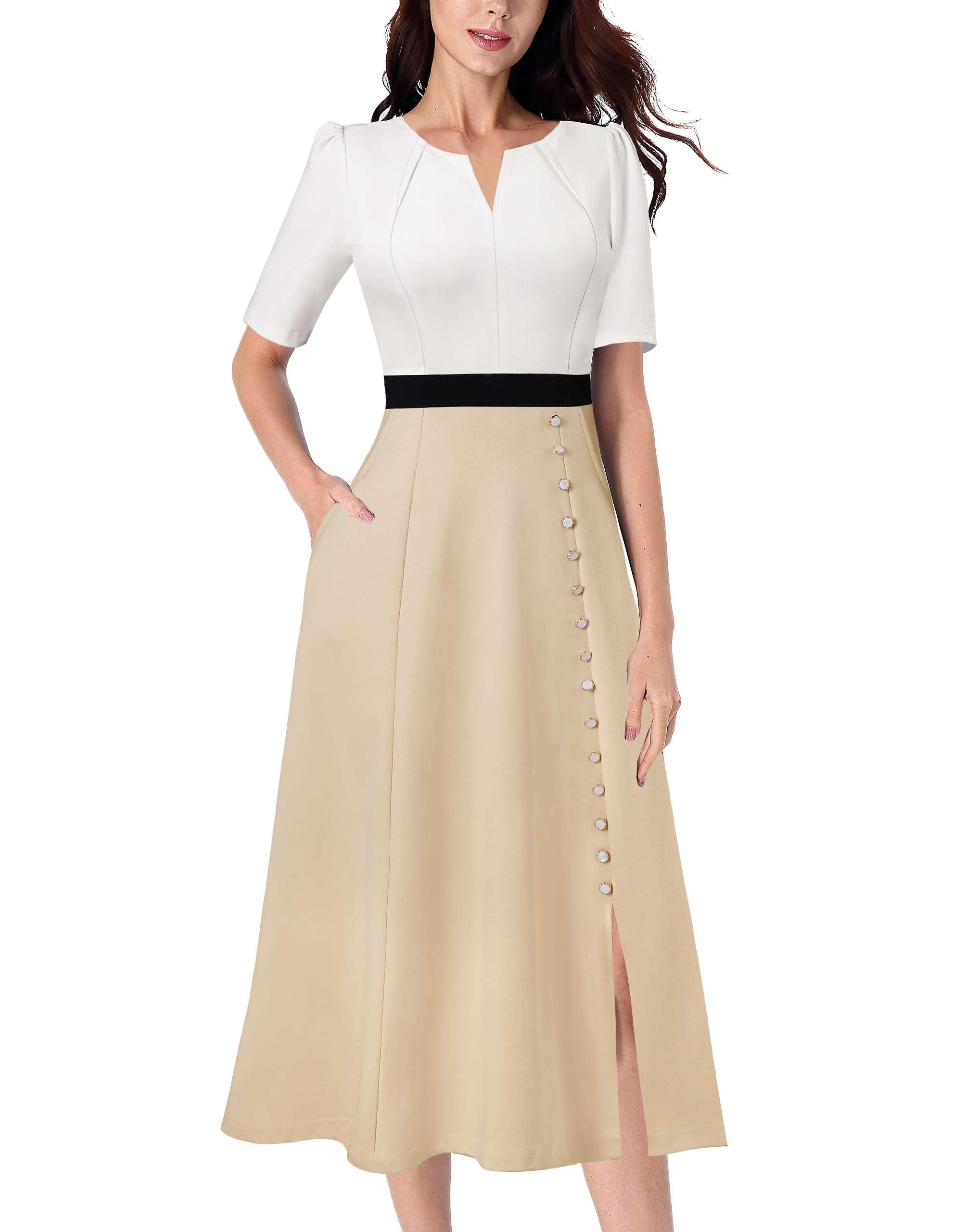 Photo 1 of ***(HEAVILY USED/ MINOR DAMAGE)***VFSHOW Womens Pleated Notch V Neck Buttons Pockets Work Office Business A-Line Midi Dress Front Split Colorblock Slim Fit and Flare Mid-Calf Dress (Off-White Beige, XX-Large) 11033 APT XXL