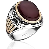 AROTOROM 925 Sterling Silver Men's Ring Natural Red Onyx Ring for Men Fashion Signet Rings with Natural Red Agate Stone Turkish Cool Handmade Luxury Jewelry Gift for Him