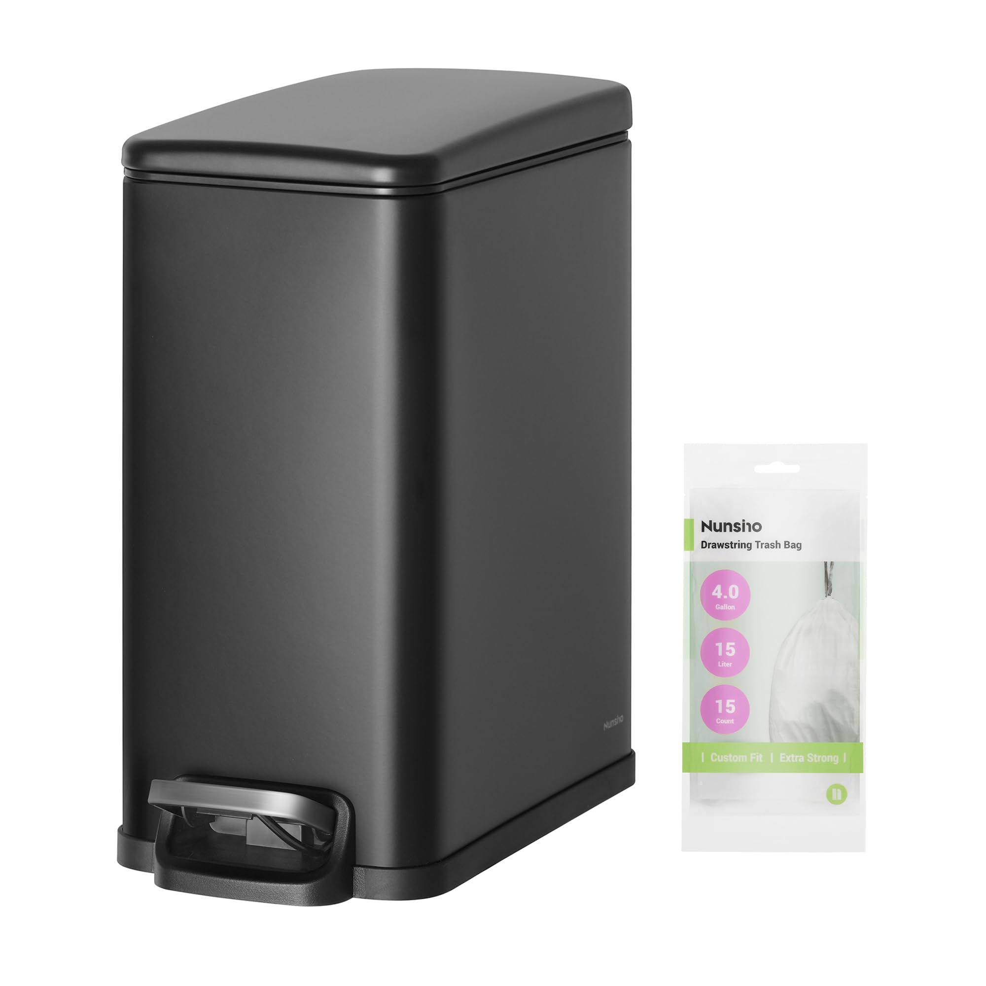 Photo 1 of Nunsino Small Bathroom Trash Can with 15 Garbage Bags,2.6 Gallon Stainless Steel Garbage Can with Lid Soft Close,Small Trash Bin for Bathroom,Kitchen,Home Office,Black
