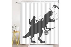 BIYSUC Cat Dinosaur Shower Curtain Funny Cat Help Dino Bathe for Kids Boys Trex Silhouette Shadow Black White Bathroom Waterproof Polyester Fabric 72Lx72W Inch with Hooks