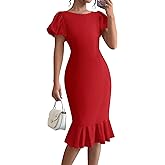 BTFBM Women Formal Wedding Guest Cocktail Dresses 2026 Short Sleeve Ruffle Mermaid Work Bodycon Elegant Midi Summer Dress
