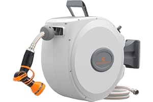 Giraffe Tools CW20 Retractable Garden Hose Reel 5/8" x 60 ft Heavy Duty Water Hose Reel, Swivel Bracket, Any Length Lock, Light Grey