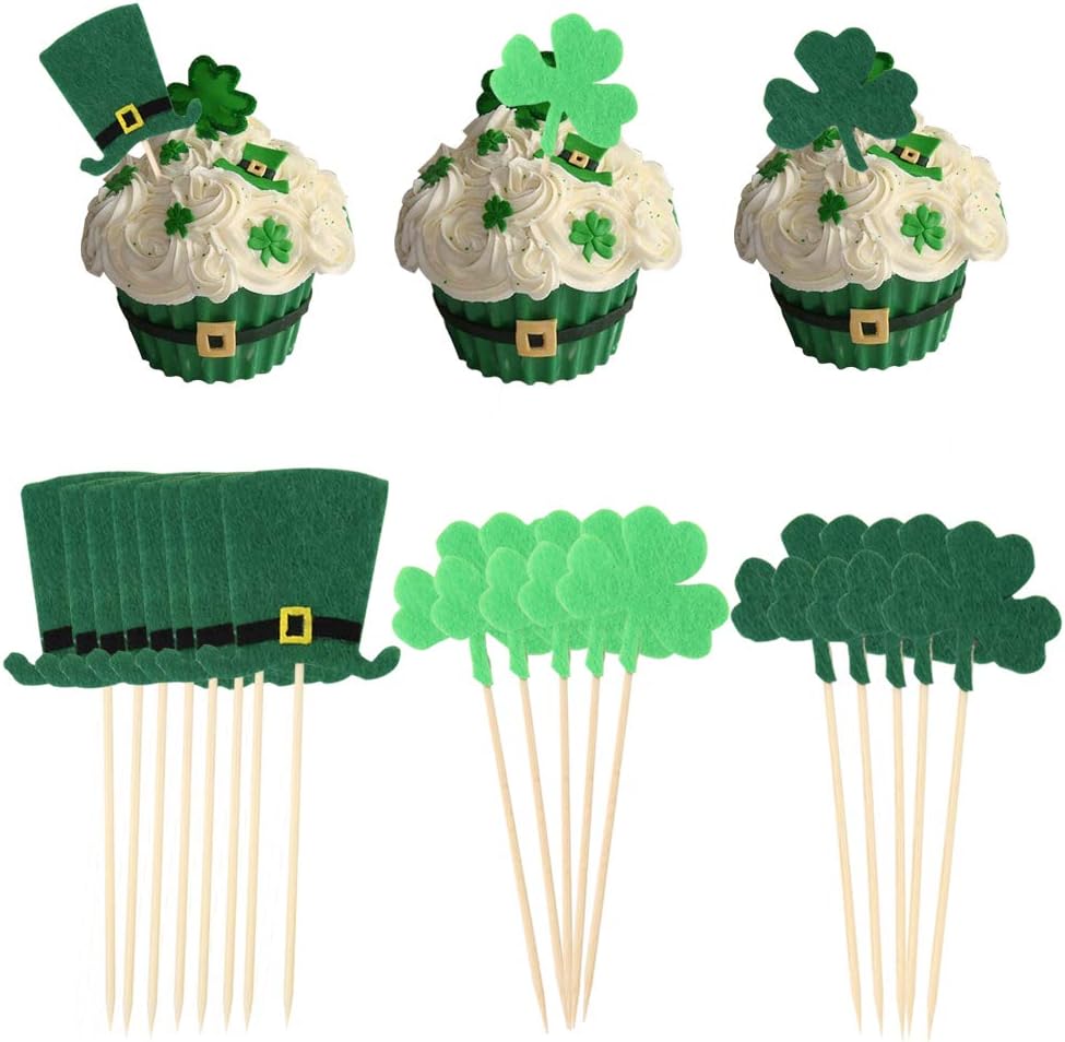 21pcs/Set St Patrick's Day Shamrock Clover Cake Topper,Green Top Hat Cupcake Picks Toppers for St Patrick's Day Party Decorations