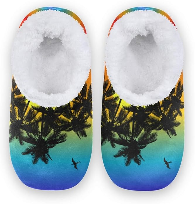 Amazon.com: Qmxo Tropical Ocean Palm Tree Bird Slippers for Women and Men, Womens Coral Fleece 