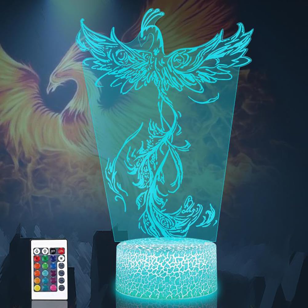 PONLCY 3D Illusion Lamp Phoenix Led Night Light, 16 Colors Changing USB Desk Lamps with Remote Control, Bedroom Decoration Table Lights for Kids Birthday Gifts