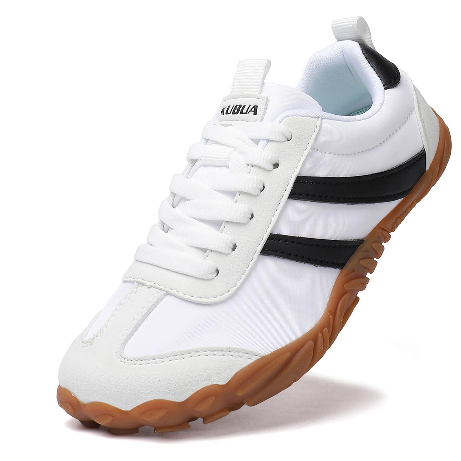 KUBUA Boys Girls Sneakers Kids Barefoot Shoes Comfort Anti-Slip Walking Shoes for Indoor Outdoor White Black 4 Big Kid Image