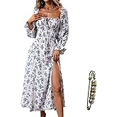 Yazinie Women’s Floral Square Neck Maxi Dress Bubble Long Sleeve Side Slit Flowy Boho Dresses