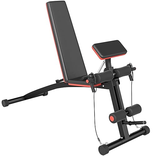 HOMCOM Foldable Weight Bench, Strength Training Sit Up Bench, Incline Decline Bench with 7-Level Backrest, Leg Extension Machine, Preacher Pad and Resistance Band for Home Gym Workout, Red