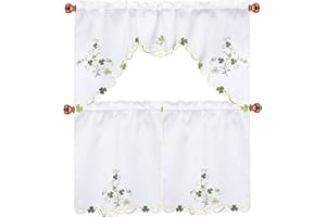 Simhomsen Embroidered Irish Clover Kitchen Window Curtain Swag and Tiers Set for St. Patrick’s Day and Spring (Shamrock)