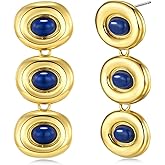 18K Gold Plated Blue Circular Round Oval Lapis Lazuli Resin Gemstone Long Dangle Drop Statement Earrings for Women by SNGIA, Chunky Vintage Retro Boho Bold Handmade Natural Exaggerated Trendy Bohemian Jewelry Gifts, Unique Baroque Dangling Stone Summer Beach Fashion Stud Earrings Accessories, Nickle Free Huggies Earrings
