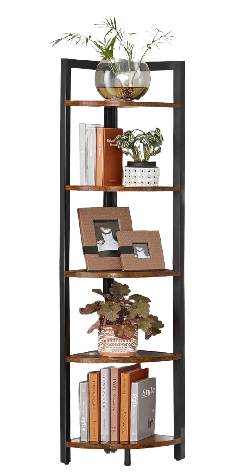 VASAGLE Corner Shelf, 5 Tier Corner Bookshelf, Tall Corner Storage Shelves, Industrial Corner Rack, Plant Stand for Living Room, Bedroom, Bathroom, Home Office, Rustic Brown and Black ULLS803B01