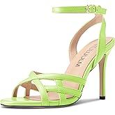 HDEUOLM Womens Stiletto High Heel Round Toe Strappy Sandals Slingback Ankle Strap Wedding Dress 3.9 Inches Heels