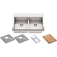 KOHLER Task Smart Divide 33" Top-/Undermount Double-Bowl Workstation Kitchen Sink, Includes Accessories, Stainless Steel, 2 Faucet Holes, K-80085-2PC-NA
