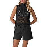 GRECERELLE 2026 Women 2 Piece Sets Crochet Hollow Knit Half-Zip Sweater Tank Top & Shorts Lounge Travel Matching Outfits
