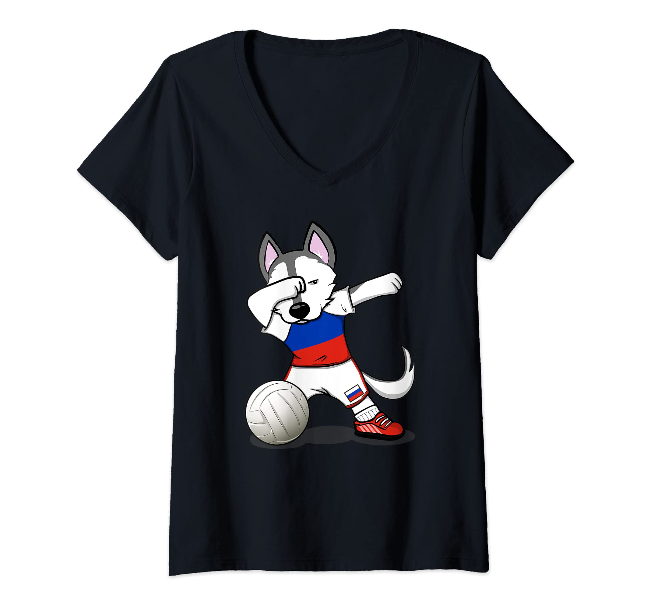 Womens Dabbing Husky Russia Volleyball Fans Jersey - Russian Flag V-Neck T-Shirt