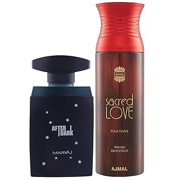 Maryaj After Dark Eau De Parfum Woody Aromatic Perfume 100ml for Men and Ajmal Sacred Love Deodorant Floral Musky Fragrance 200ml for Women + 2 Parfum Testers FREE