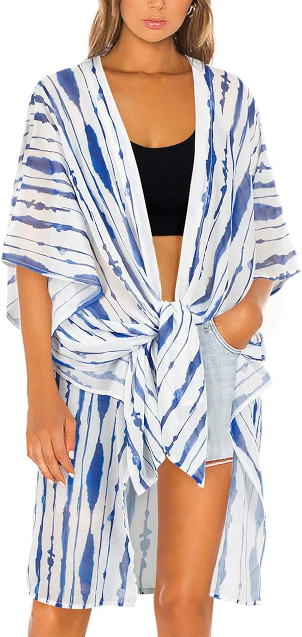 KUNISUIT Women's Striped Summer Beach Cover Up Casual Chiffon Open
