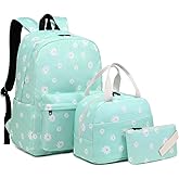 Mimfutu Flowers School Backpack for Teen Girls, 3-in-1 Kids Backpack Bookbag Set School Bags with Lunch Box Pencil Case (Green)