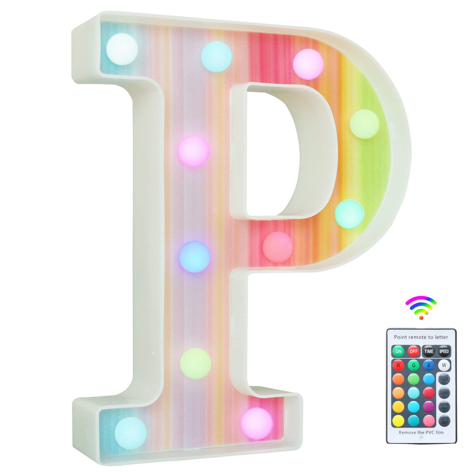 Rainbow Light Up Letters, Colorful LED Letter Lights 16 Color Changing Alphabet Sign Gifts for Girls Women Party Birthday Decorations Remote Night Light Christmas Valentine Wall Table Decor - P