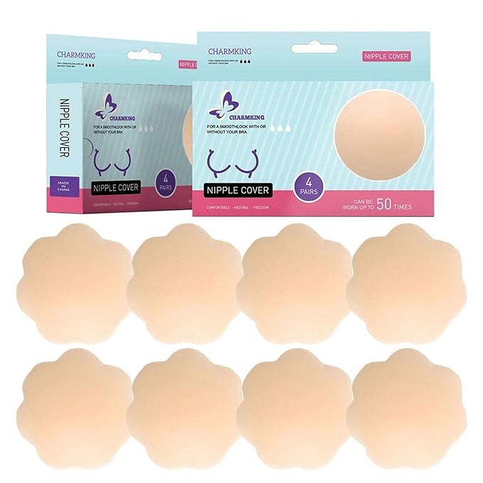 4 Pairs Womens Reusable Adhesive Nipple Covers Invisible, Beige, Size